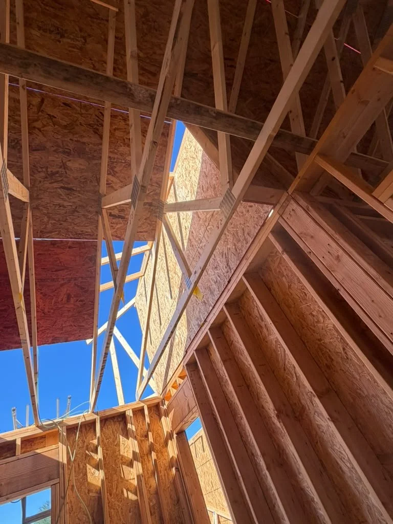 Interior view looking up at framed roof trusses