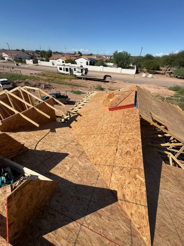 Roof framing and sheathing at a Quest Construction project in Arizona