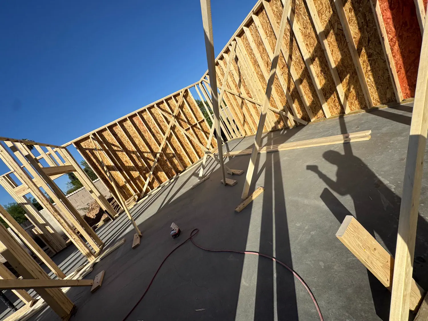 Roof framing seen from inside the walls