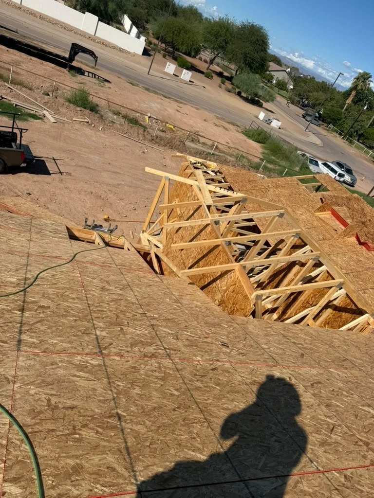 Roof trusses and framed walls seen from above