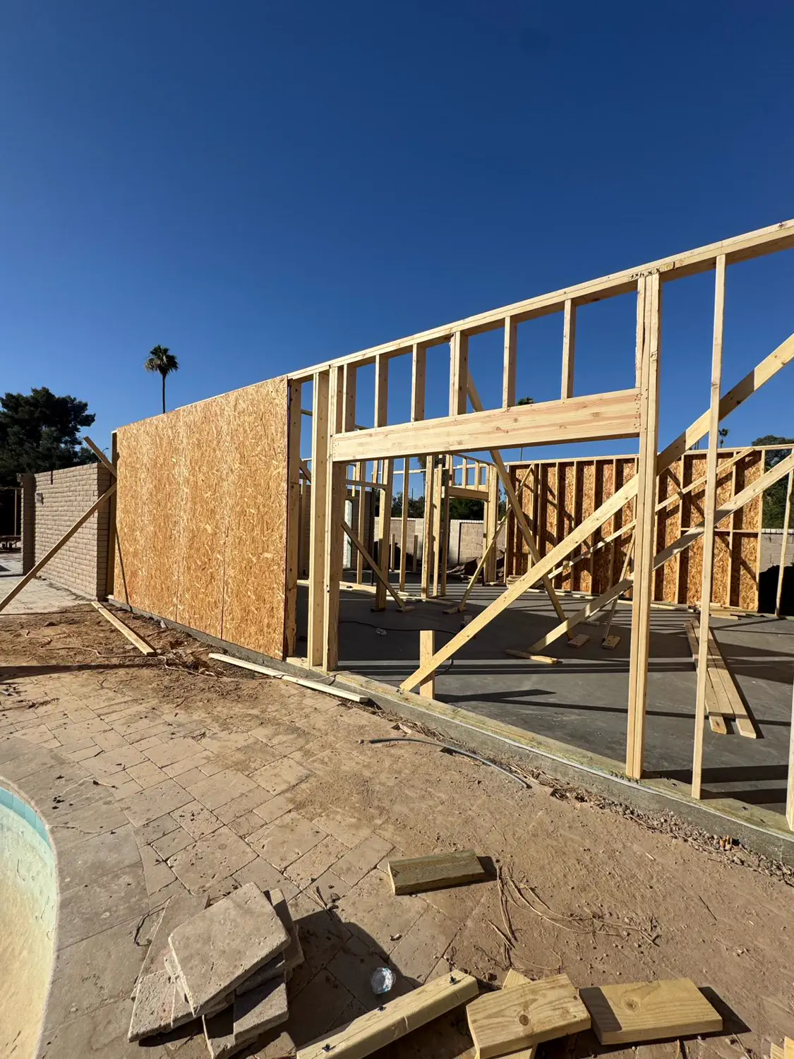 Framed and sheathed exterior walls on a Quest Construction addition