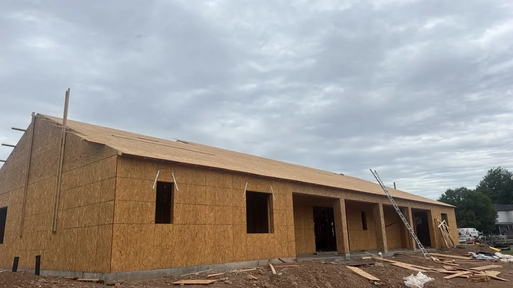 Long exterior wall of a house under construction