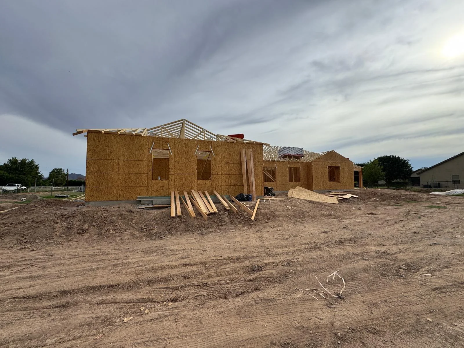 Sheathed exterior wall of the home under construction