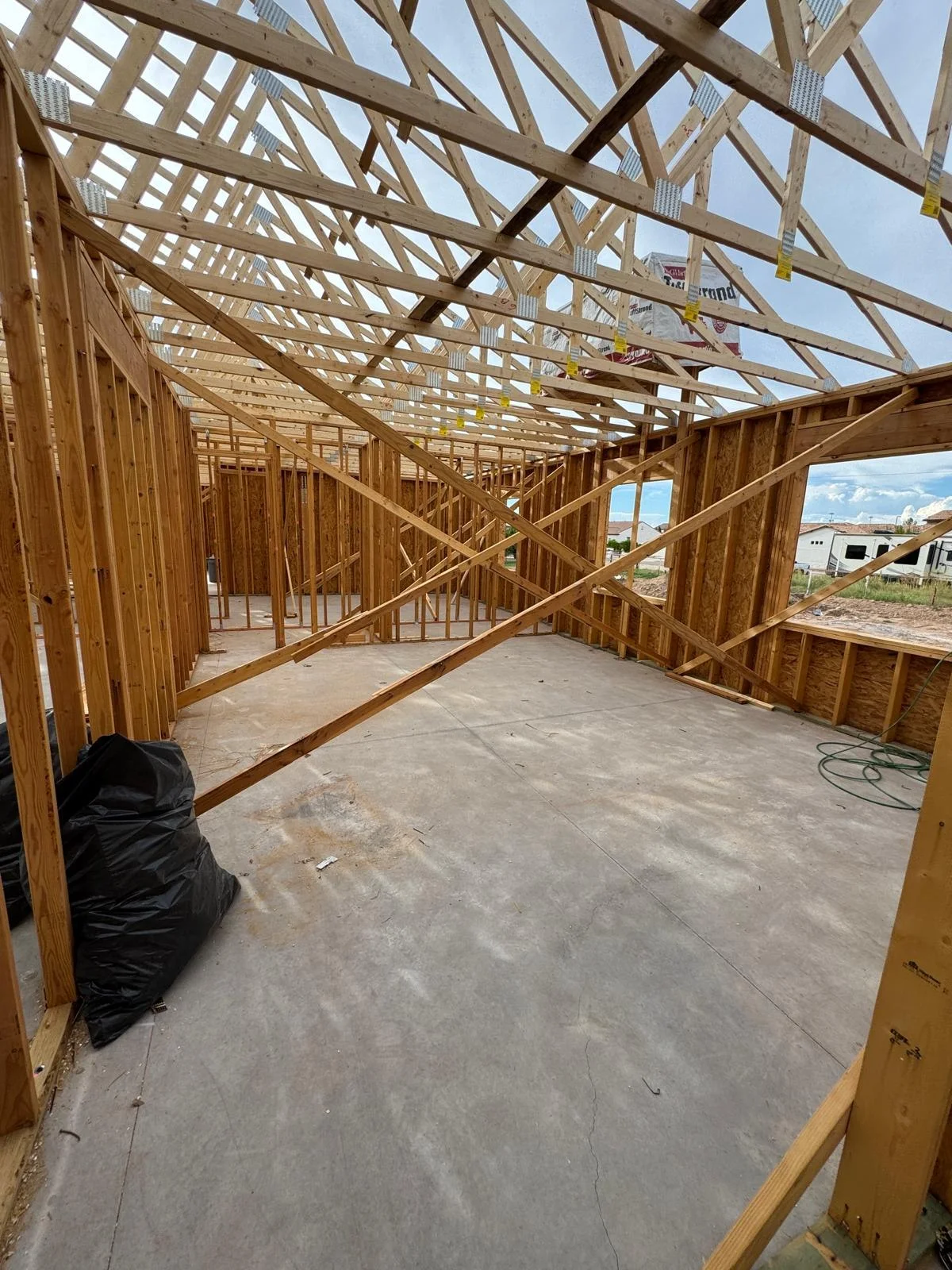Interior of a framed home before wall finishes