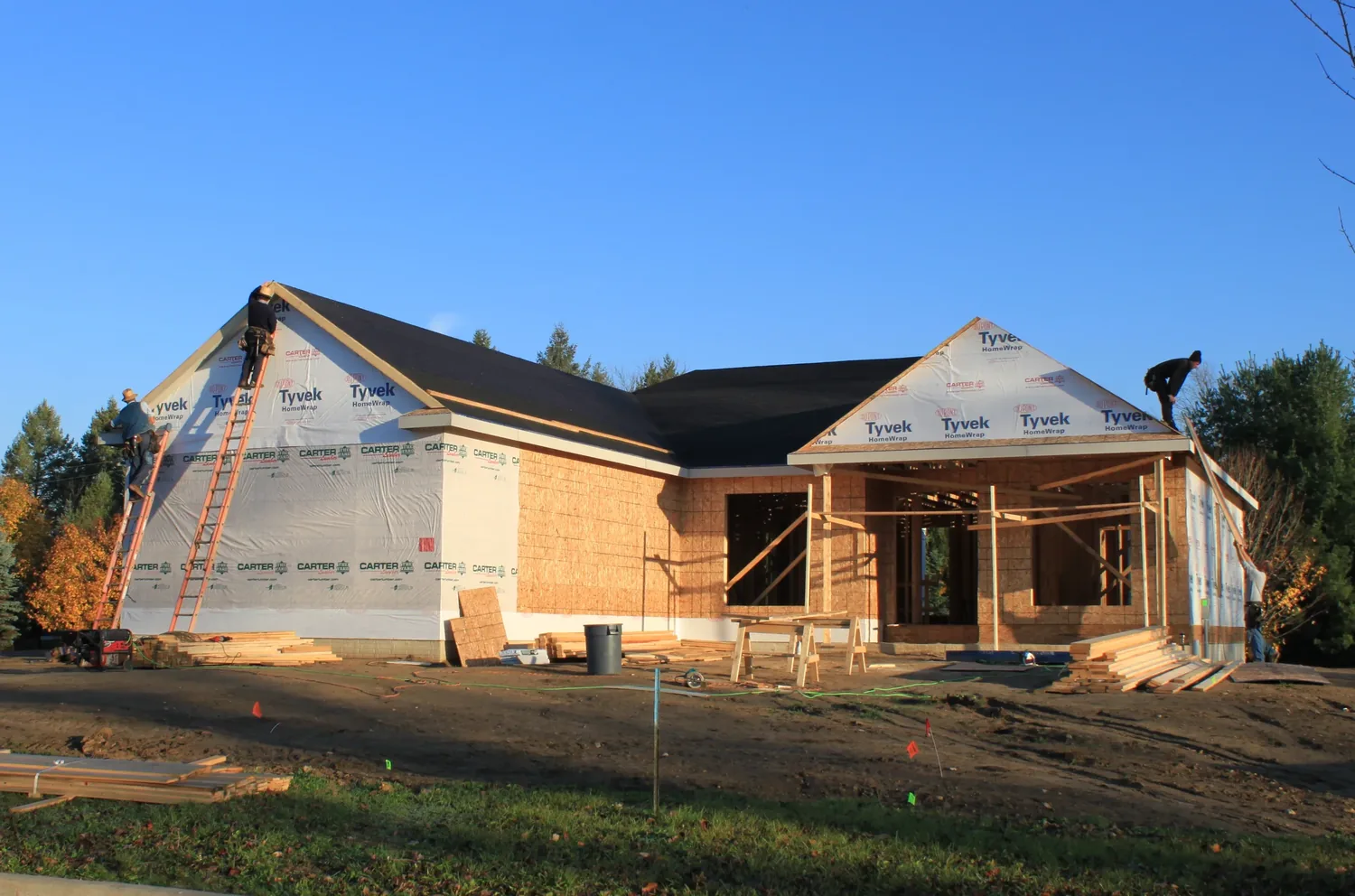 Wall sheathing and a ladder on a house under construction